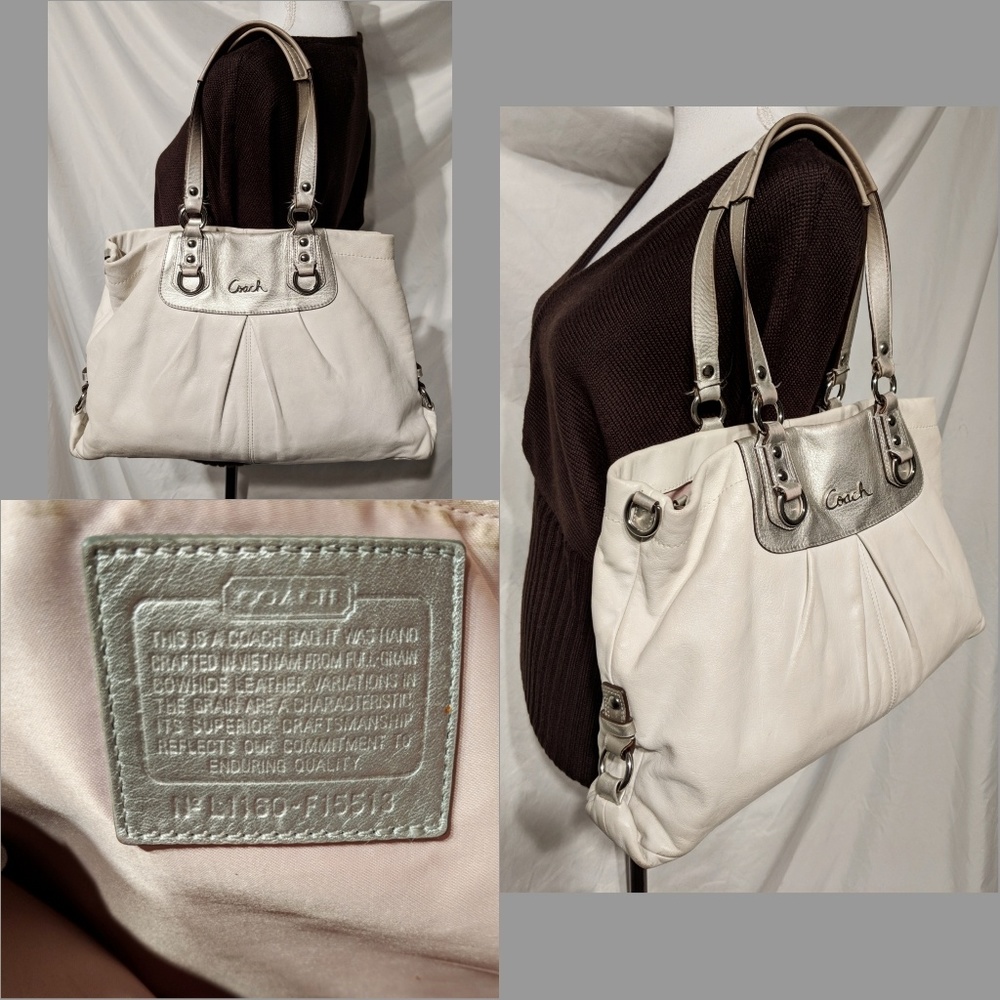 Authentic Coach White and Silver Leather Handbag